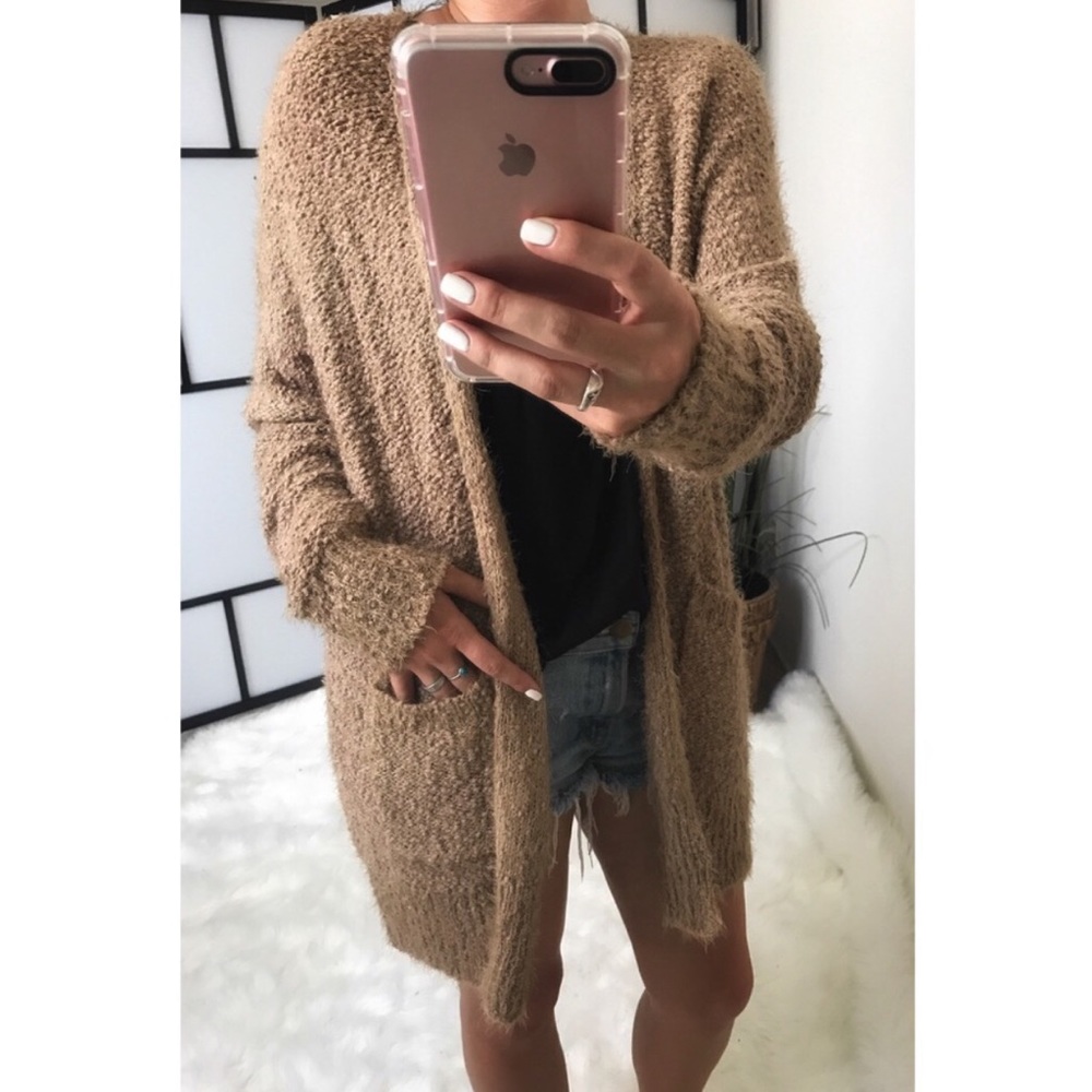 Tan Soft Popcorn Open Knit Cardigan